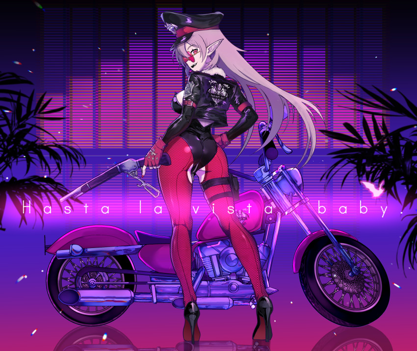 1girl contrapposto cropped_jacket crotch_zipper english_text fangs fingerless_gloves fishnet_pantyhose fishnets full_body fur_trim gloves gun hand_on_own_hip hat high_heels highres holding holding_gun holding_weapon holster jacket leather leather_jacket leotard lever_action looking_at_viewer looking_back looking_over_eyewear military_hat motor_vehicle motorcycle nail_polish original pale_skin pantyhose peaked_cap pink-tinted_eyewear pink_hair pointy_ears red_eyes reflection round_eyewear ryuu_tou solo standing sunglasses thigh_holster tinted_eyewear vampire weapon