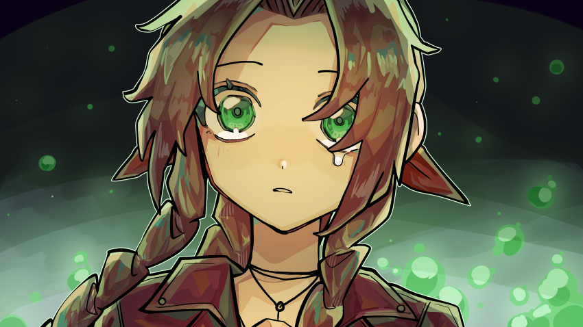 1girl absurdres aerith_gainsborough braid braided_ponytail brown_hair choker crying final_fantasy final_fantasy_vii final_fantasy_vii_rebirth final_fantasy_vii_remake flower_choker hair_ribbon highres jacket kawa_2929_ff lifestream long_hair looking_at_viewer own_hands_together parted_bangs parted_lips portrait red_jacket ribbon sidelocks single_braid solo tears upper_body wide-eyed