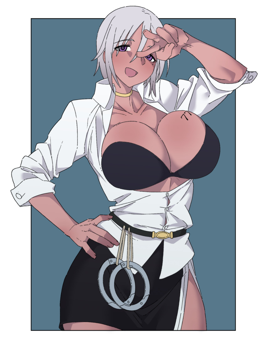 1girl black_bra bra breast_tattoo breasts cleavage dark-skinned_female dark_skin hand_on_own_hip highres large_breasts nana_bassler noiimad number_tattoo plunderer purple_eyes short_hair side_slit skirt tattoo underwear white_hair