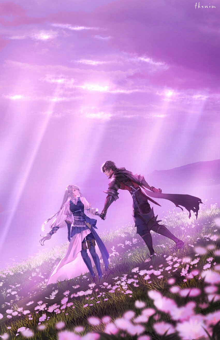 1boy 1girl absurdres armor black_hair boots braid cape clive_rosfield cloud cloudy_sky field final_fantasy final_fantasy_xvi flower flower_field grey_hair highres holding_hands jill_warrick leather_vest long_hair long_skirt looking_at_another low-tied_long_hair mountainous_horizon purple_sky scar scar_on_face single_braid skirt sky tk_(tksnim)