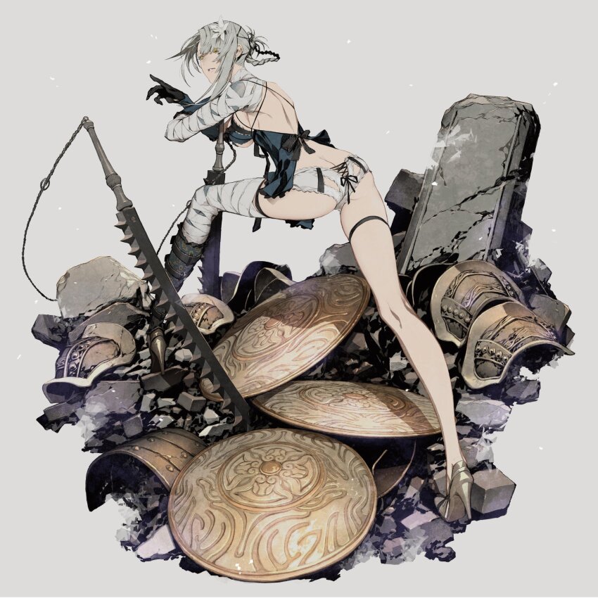 1girl armrest asymmetrical_legwear breasts from_behind grey_background grey_hair high_heels highres kaine_(nier) knee_up leaning_forward long_legs looking_back miwa_shirow nier nier_(series) planted planted_sword planted_weapon rubble ruins simple_background solo standing sword thigh_strap underboob weapon