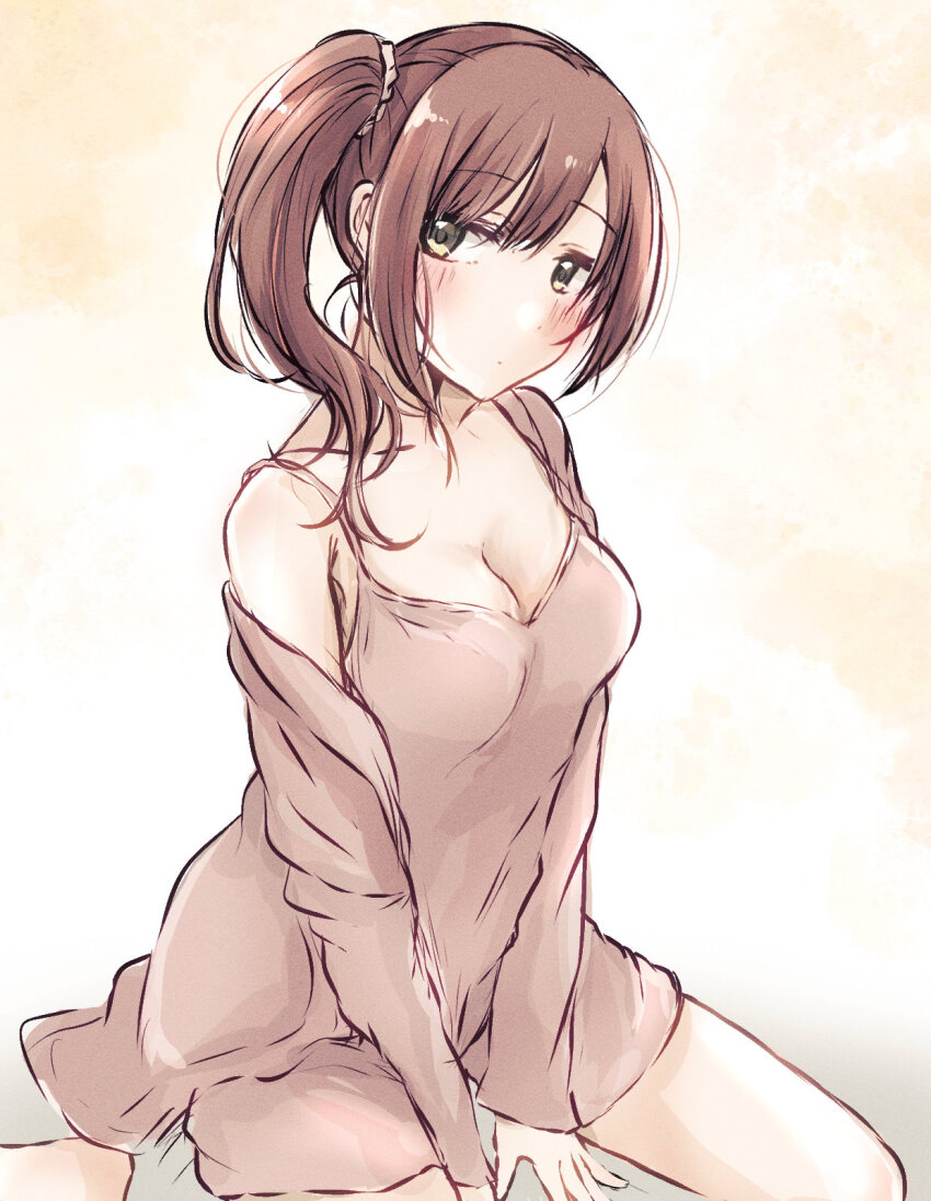 1girl baran._(ba_ra_ran) barefoot between_legs blush breasts brown_hair camisole cardigan cleavage closed_mouth collarbone commentary_request dot_mouth hair_ornament hair_scrunchie hand_between_legs highres idolmaster idolmaster_cinderella_girls igarashi_kyoko knees_out_of_frame long_hair looking_at_viewer medium_breasts open_cardigan open_clothes orange_background pink_camisole pink_cardigan pink_shorts scrunchie shorts side_ponytail sidelocks single_off_shoulder solo two-tone_background watercolor_background white_background white_scrunchie yellow_eyes