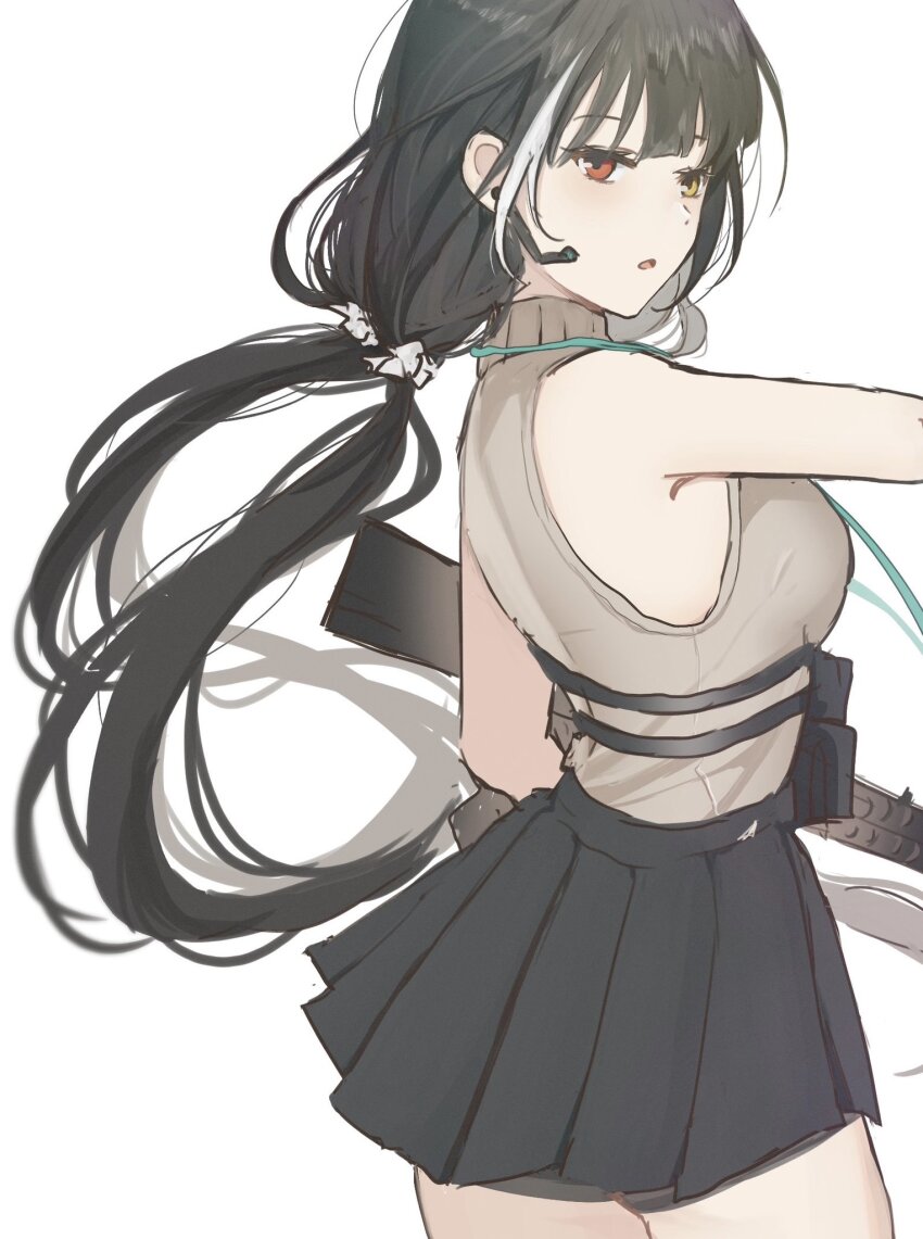 1girl black_hair black_skirt colt_9mm_smg commentary earpiece girls&#039;_frontline grey_sweater gun heterochromia highres long_hair multicolored_hair open_mouth phago pleated_skirt red_eyes ro635_(girls&#039;_frontline) simple_background skirt sleeveless sleeveless_sweater solo streaked_hair submachine_gun sweater turtleneck turtleneck_sweater twintails two-tone_hair weapon white_background white_hair yellow_eyes