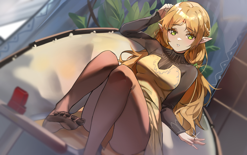 absurdres black_bodysuit blonde_hair bodysuit bodysuit_under_clothes braid breasts brown_pantyhose commentary_request detached_sleeves dress elf fang feet foot_focus forehead_jewel french_braid green_eyes hand_up highres indoors isekai_ojisan jewelry knees_up long_hair long_sleeves looking_at_viewer medium_breasts no_shoes pantyhose parted_lips plant pointy_ears ring sakanafish sitting skin_fang soles sui_(isekai_ojisan) yellow_dress