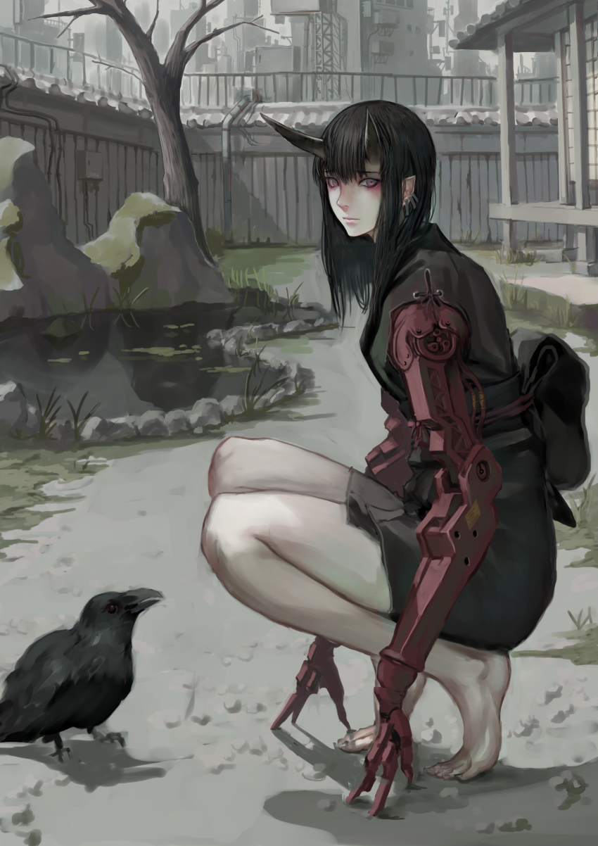 1girl amputee barefoot bird black_hair crow earrings feet female_focus highres horns jewelry jittsu mechanical_arms oni_horns original outdoors pointy_ears prosthesis solo squatting tiptoes