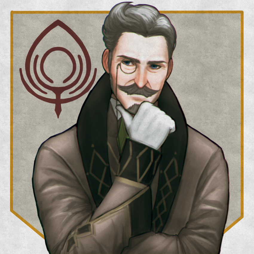 1boy facial_hair fire_emblem fire_emblem:_three_houses gloves grey_hair hand_on_own_chin hanneman_von_essar highres long_sleeves looking_at_viewer male_focus monocle mustache nanbu_yasumi nintendo short_hair standing upper_body