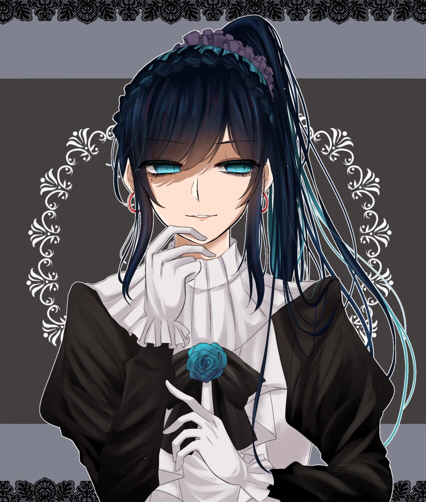 1girl ado_(utaite) black_bow black_bowtie blue_flower blue_hair blue_rose bow bowtie chando_(ado) commentary_request earrings flower flower_brooch gloves hand_up highres jewelry kura_sushi long_hair outline parted_lips ponytail rose shoko_(gs_music11) solo upper_body utaite white_gloves white_outline