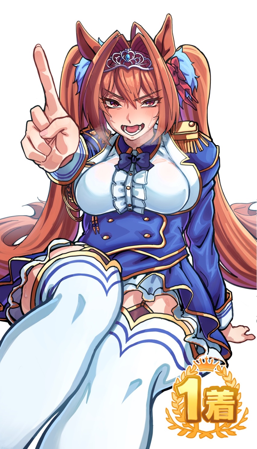 1girl animal_ears blue_jacket breasts daiwa_scarlet_(umamusume) epaulettes feet_out_of_frame hand_on_floor highres horse_ears horse_girl jacket long_hair looking_at_viewer medium_breasts open_mouth pointing pointing_at_viewer red_eyes sitting solo sweat thighhighs tiara twintails umamusume utsuke_(u_tuk_e) very_long_hair white_background white_thighhighs