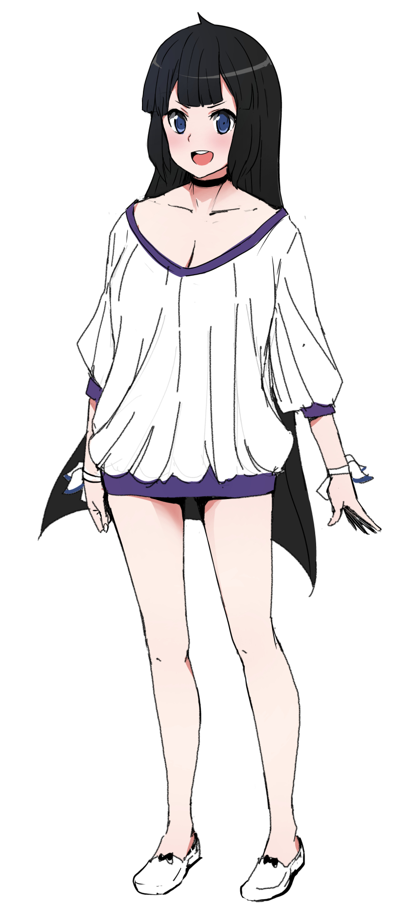 1girl :d absurdres alternate_breast_size alternate_costume bare_legs black_hair blush bracelet breasts cleavage collarbone copyright_request dungeon_ni_deai_wo_motomeru_no_wa_machigatteiru_darou_ka female_focus full_body h2o_(ddks2923) hestia_(danmachi) highres jewelry large_breasts long_hair long_sleeves looking_at_viewer open_mouth purple_eyes shirt shoes simple_background smile solo standing teeth upper_teeth_only white_shirt