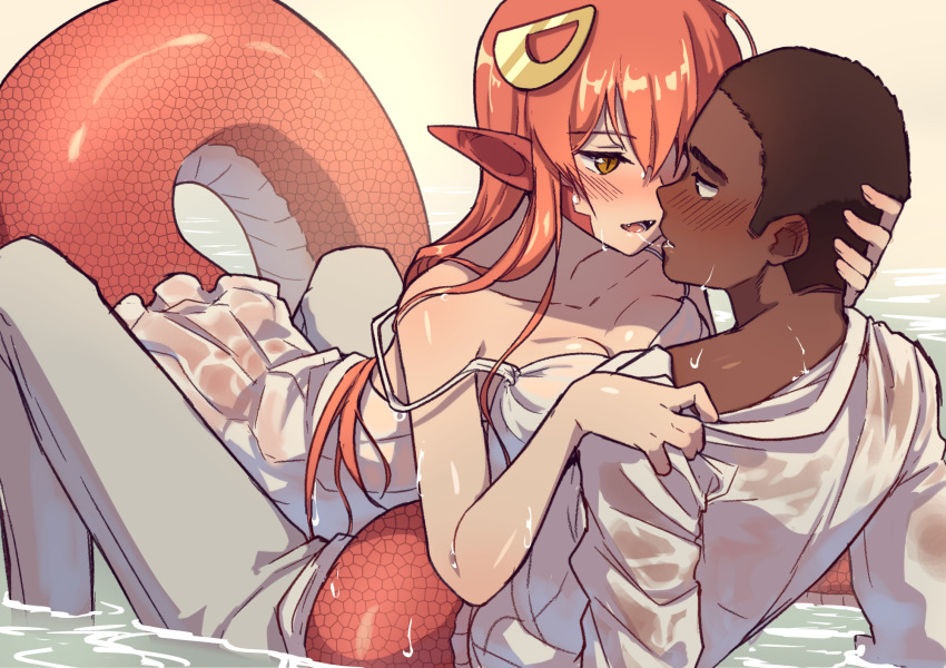 1boy 1girl blush breasts colored_skin dark-skinned_male dark_skin dress fangs grey_skin hair_ornament highres lamia long_hair medium_breasts miia_(monster_musume) monster_girl monster_musume_no_iru_nichijou nifffi no_bra pants pointy_ears saliva saliva_trail scales shirt slit_pupils sundress wet wet_clothes wet_dress wet_hair wet_pants wet_shirt yellow_eyes