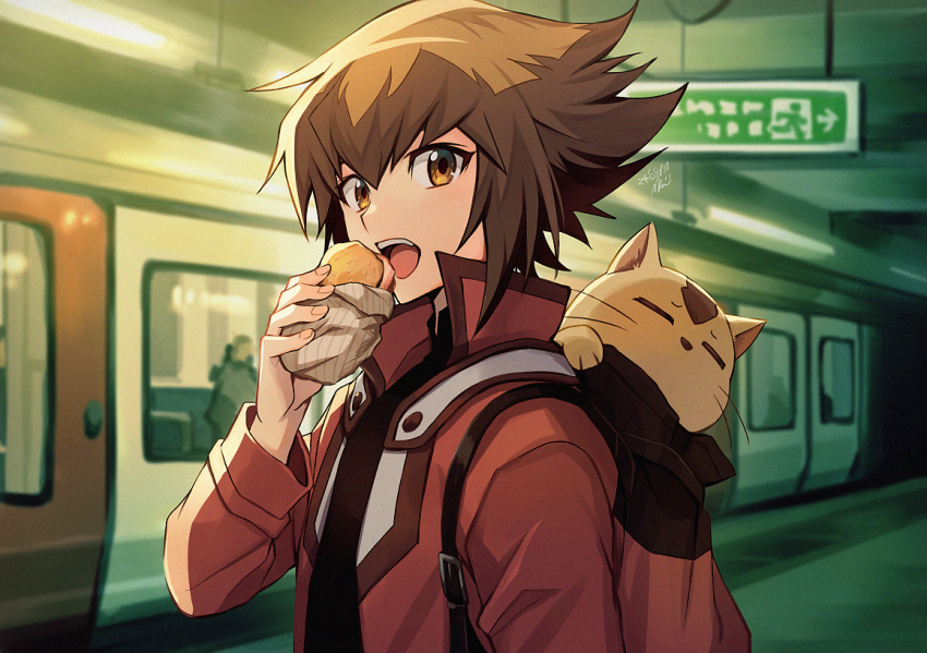 1boy bag black_shirt brown_eyes brown_hair cat dated duel_academy_uniform_(yu-gi-oh!_gx) food holding holding_food holding_sandwich jacket looking_at_viewer male_focus mikami_(mkm0v0) pharaoh_(cat) red_jacket sandwich shirt solo subway_station upper_body yu-gi-oh! yu-gi-oh!_gx yuki_judai