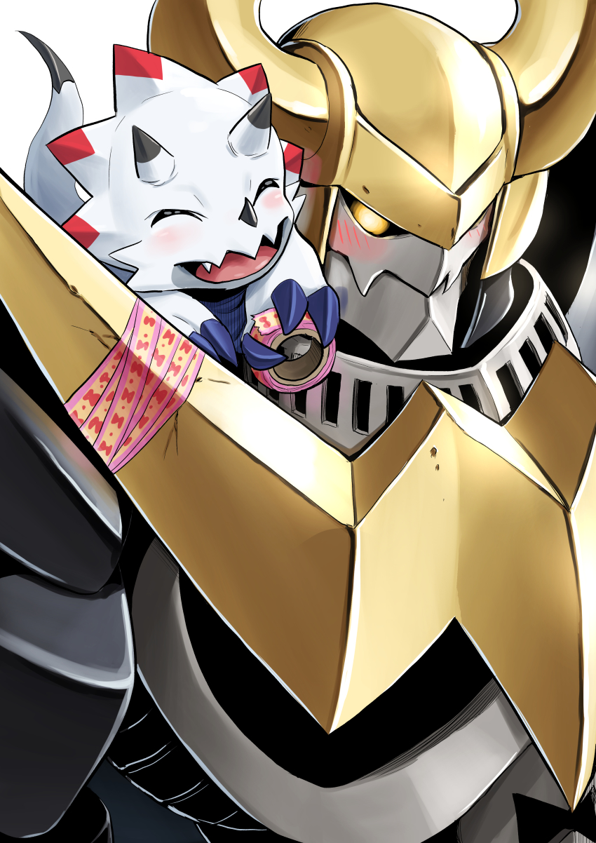 2boys absurdres blush dark_knight darkknightmon digimon digimon_(creature) digimon_ghost_game digimon_xros_wars dinosaur gammamon highres horns multiple_boys no_humans sharp_teeth size_difference teeth yellow_eyes