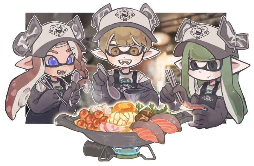 1boy 2girls :d asymmetrical_hair baseball_cap black_eyes black_gloves black_overalls blonde_hair blue_eyes blue_pupils bowl braid brown_hair chopsticks closed_mouth elbow_gloves fangs fish_(food) food gloves green_hair hat highres holding holding_bowl holding_chopsticks holding_spoon ikura_(food) inkling inkling_boy inkling_girl inkling_player_character long_hair multiple_girls nintendo open_mouth overalls packet pointy_ears rice rice_bowl rubber_gloves salmon salmon_run_(splatoon) shirt short_hair smile sparkle splatoon_(series) spoon steam teeth tentacle_hair white_shirt yabi_(akfkzkcl) yellow_eyes