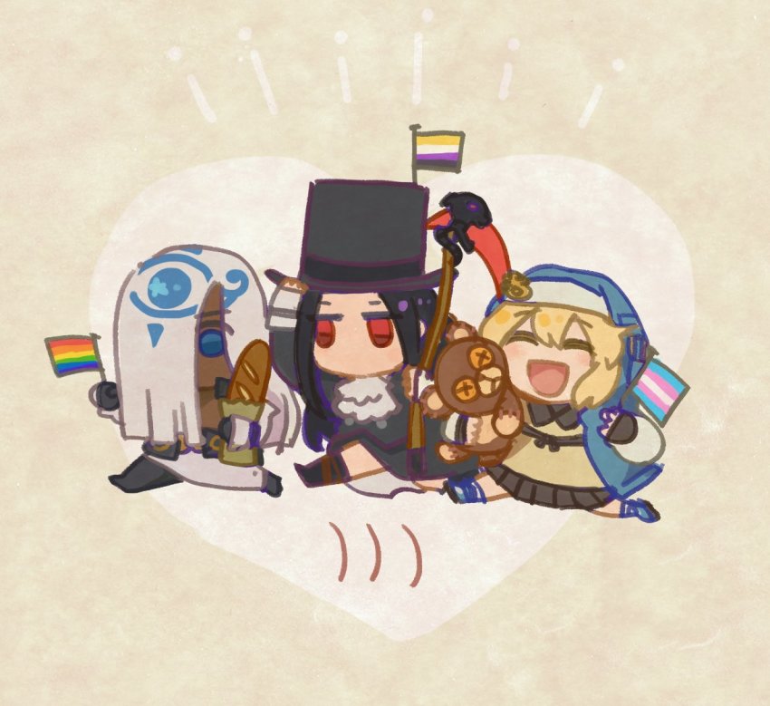 3boys :d ascot baguette black_gloves black_skirt bread bridget_(guilty_gear) chibi closed_eyes flag food gloves guilty_gear guilty_gear_strive guilty_gear_xrd hat heart holding holding_flag holding_food holding_scythe holding_stuffed_toy holding_weapon lgbt_pride motion_lines multiple_boys non-open_mouth open_mouth paseritaberuman politics rainbow_flag roger_(guilty_gear) scythe shrug_(clothing) skirt smile standing stuffed_animal stuffed_toy teddy_bear testament_(guilty_gear) top_hat venom_(guilty_gear) walking weapon