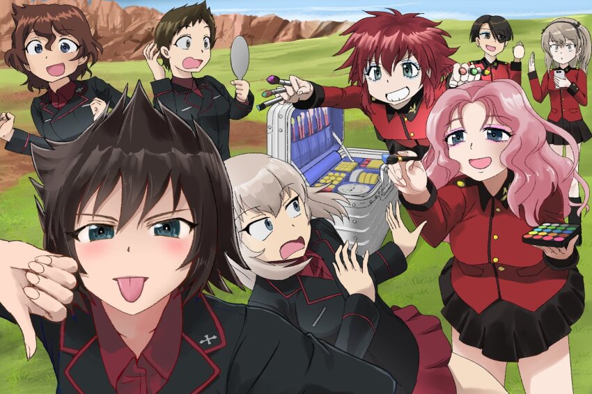 6+girls akaboshi_koume alternate_hairstyle black_jacket black_ribbon black_skirt blue_eyes bowl_cut brown_eyes brown_hair cellphone collared_shirt commission cranberry_(girls_und_panzer) curly_hair desert emblem girls_und_panzer girls_und_panzer_saishuushou grass green_eyes grey_eyes grey_hair hair_ribbon hand_up hida_ema hill holding holding_makeup_brush holding_makeup_palette holding_phone itsumi_erika jacket kojima_emi kuromorimine_military_uniform long_hair looking_at_mirror makeup makeup_brush makeup_palette miniskirt mirror multiple_girls nail_polish one_side_up peach_(girls_und_panzer) phone pink_hair pointy_hair red_hair red_jacket red_skirt ribbon scamp_(scamp_f16) shimada_arisu shirt short_hair side_ponytail skirt smartphone smile spiked_hair st._gloriana&#039;s_(emblem) st._gloriana&#039;s_military_uniform suitcase thumbs_down tongue tongue_out vanilla_(girls_und_panzer)