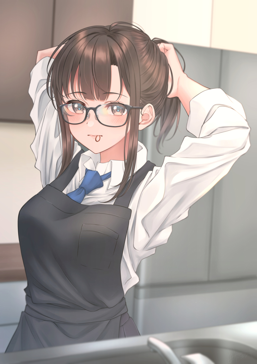 1girl apron blush breasts glasses highres large_breasts looking_at_viewer original school_uniform yoshiki_3821