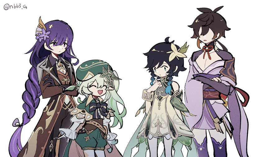 2boys 2girls aqua_eyes aqua_hair black_hair braid brown_hair cape closed_eyes closed_mouth coat cosplay costume_switch crossed_arms dress flower genshin_impact gradient_hair green_hair green_headwear hair_flower hair_ornament hat highres japanese_clothes kimono long_hair long_sleeves low-braided_long_hair low-tied_long_hair multicolored_hair multiple_boys multiple_girls nahida_(genshin_impact) nahida_(genshin_impact)_(cosplay) nbb3 open_mouth pointy_ears purple_eyes purple_flower purple_hair purple_kimono raiden_shogun raiden_shogun_(cosplay) short_hair side_ponytail simple_background smile twin_braids twitter_username two-tone_hair venti_(genshin_impact) venti_(genshin_impact)_(cosplay) white_background white_dress white_flower zhongli_(genshin_impact) zhongli_(genshin_impact)_(cosplay)