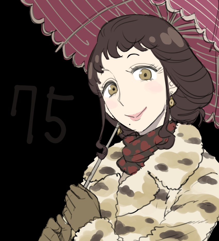 1girl absurdres animal_ears brown_coat brown_eyes brown_gloves brown_hair coat commentary_request endou_tatsuya eyelashes gloves highres holding holding_umbrella mature_female melinda_desmond mole mole_under_eye parasol sidelocks solo spy_x_family umbrella upper_body