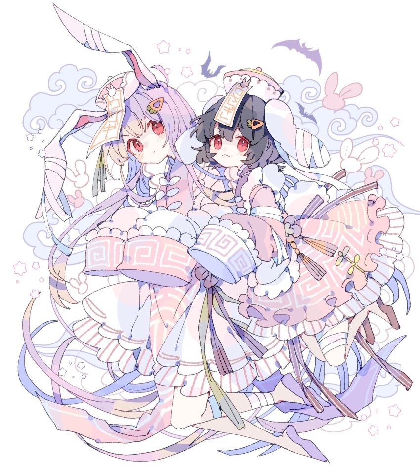 2girls :3 animal_ears apron bandaged_ankle bandaged_ear bandaged_leg bandages black_hair carrot_hair_ornament commentary_request dress flats food-themed_hair_ornament hair_ornament hairclip hat highres inaba_tewi jiangshi_costume lolita_fashion long_hair long_sleeves looking_at_viewer maid multiple_girls nikorashi-ka purple_hair qi_maid rabbit_ears rabbit_girl rabbit_tail red_eyes reisen_udongein_inaba simple_bat sleeves_past_fingers sleeves_past_wrists smile star_(symbol) tail touhou very_long_hair