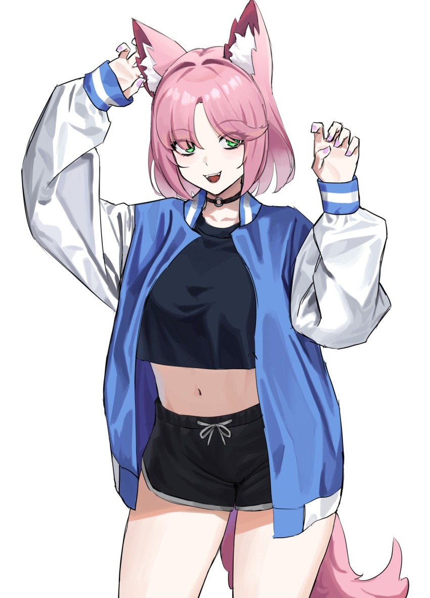 1girl :d animal_ear_fluff animal_ears black_shirt black_shorts blue_jacket breasts claw_pose commentary_request cowboy_shot crop_top crop_top_overhang cropped_shirt dolphin_shorts fangs fox_ears fox_girl fox_tail fujisawa_sorao green_eyes hands_up highres jacket large_breasts looking_at_viewer medium_hair midriff multicolored_jacket navel open_mouth original shirt short_shorts shorts simple_background smile solo tail teeth thighs two-tone_jacket white_background white_jacket