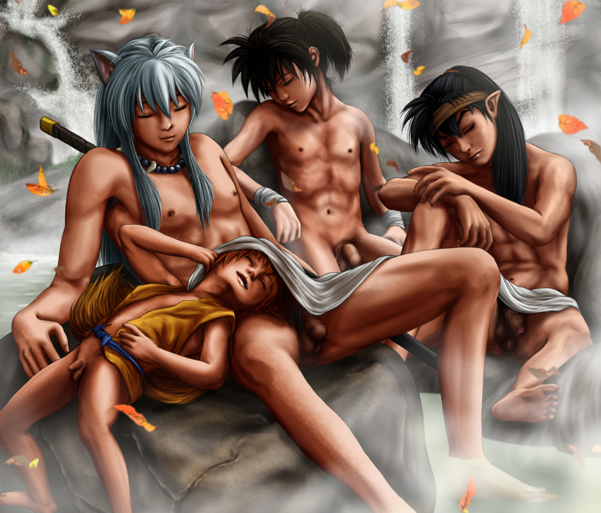 4boys age_difference animal_ears autumn autumn_leaves bare_arms bare_legs bare_pectorals bare_shoulders barefoot blue_sash bottomless casual_nudity child closed_eyes closed_mouth completely_nude elementary_school_age feet flaccid functionally_nude head_on_another&#039;s_leg head_on_lap headband inuyasha inuyasha_(character) kohaku_(inuyasha) kouga_(inuyasha) leaf long_hair lying male_focus multiple_boys naked_vest naotananase navel nipples nude on_back open_clothes open_mouth open_vest outdoors pectorals penis pointy_ears sash shippou_(inuyasha) sitting size_difference sleeping small_penis smile spread_legs steam sword teenage_boy_and_younger_boy testicles toes vest water weapon