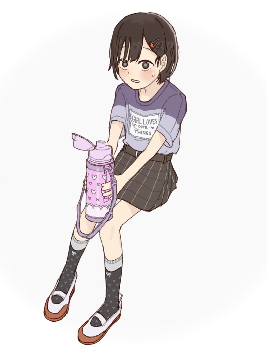 1girl black_eyes blush brown_hair clothes_writing full_body hair_ornament hairclip highres holding kneehighs original pleated_skirt polka_dot sabuakadeath shirt shoes short_hair short_sleeves skirt socks solo uwabaki white_footwear