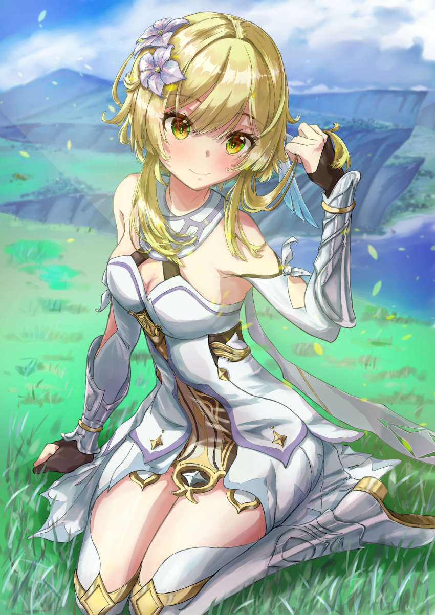 1girl absurdres arm_guards blonde_hair blue_sky blurry cliff cloud cloudy_sky commentary commentary_request depth_of_field detached_sleeves dress english_commentary genshin_impact grass hair_between_eyes highres looking_at_viewer lumine_(genshin_impact) mixed-language_commentary mountainous_horizon playing_with_own_hair qussie scarf short_hair short_hair_with_long_locks sidelocks sitting sky smile solo thighhighs wariza white_dress white_scarf white_thighhighs wind yellow_eyes zettai_ryouiki