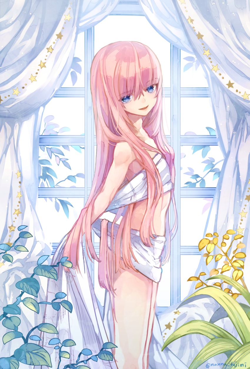 bad_id bad_pixiv_id bed_sheet blue_eyes curtains fujimi_nanna highres long_hair looking_at_viewer male_focus naked_sheet nude original pink_hair plant smile solo trap tree window