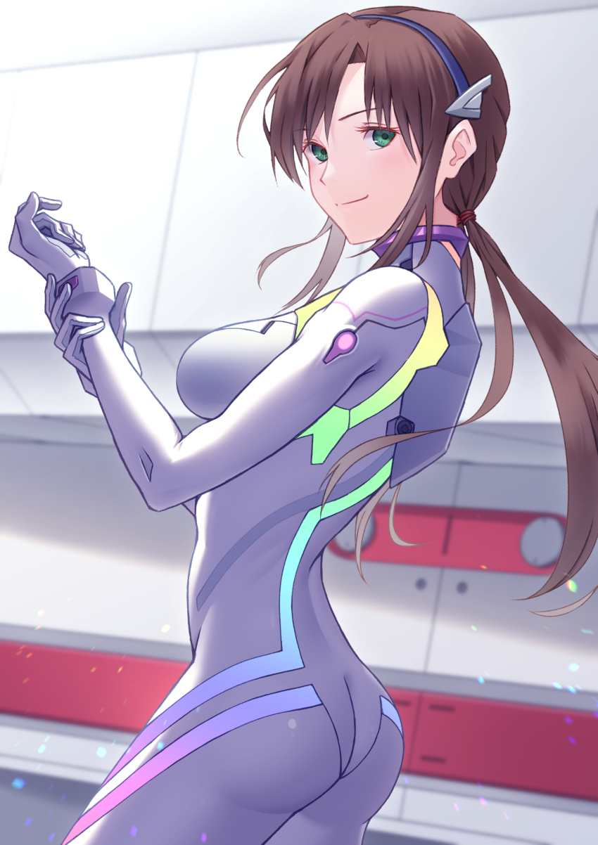 1girl absurdres ass bodysuit breasts brown_hair closed_mouth cowboy_shot evangelion:_3.0+1.0_thrice_upon_a_time floating_hair from_side green_eyes hairband highres indoors ka_ki_o long_hair low_twintails makinami_mari_illustrious mecha_pilot_suit medium_breasts neon_genesis_evangelion plugsuit purple_hairband rebuild_of_evangelion smile solo standing twintails very_long_hair white_bodysuit