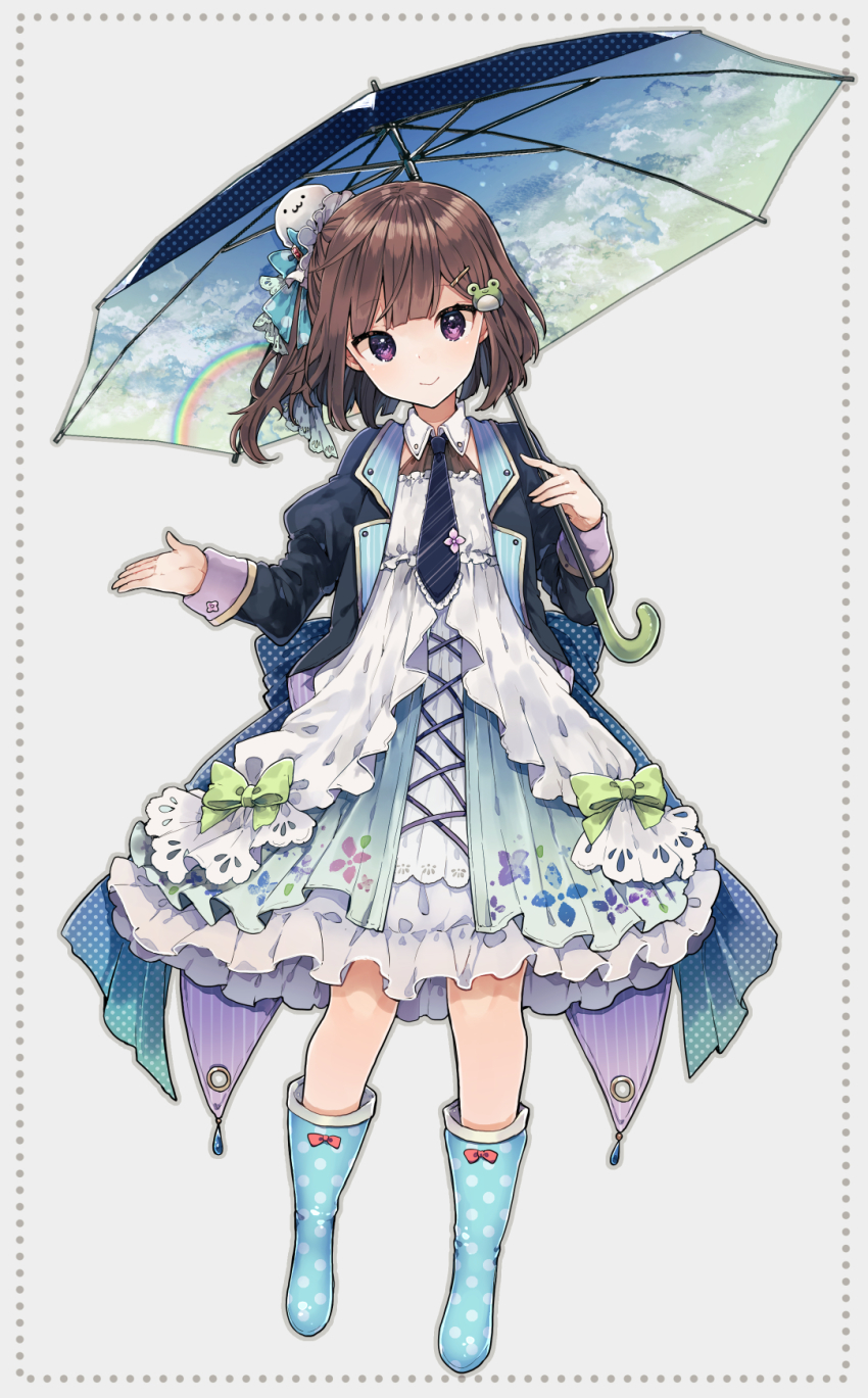 1girl bad_id bad_pixiv_id black_jacket black_necktie black_umbrella blue_bow blue_footwear blue_sky blush boots bow brown_hair closed_mouth cloud cloudy_sky commentary_request diagonal-striped_clothes diagonal-striped_necktie dress floral_print flower frog_hair_ornament gradient_clothes gradient_dress green_bow grey_background grey_outline hair_bow hair_ornament hairclip highres holding holding_umbrella ikeuchi_tanuma jacket knee_boots long_sleeves necktie open_clothes open_jacket original outline pink_flower polka_dot polka_dot_footwear polka_dot_umbrella print_dress purple_eyes rainbow rubber_boots short_hair sky sleeves_past_wrists smile solo standing striped_clothes striped_necktie umbrella unmoving_pattern white_dress