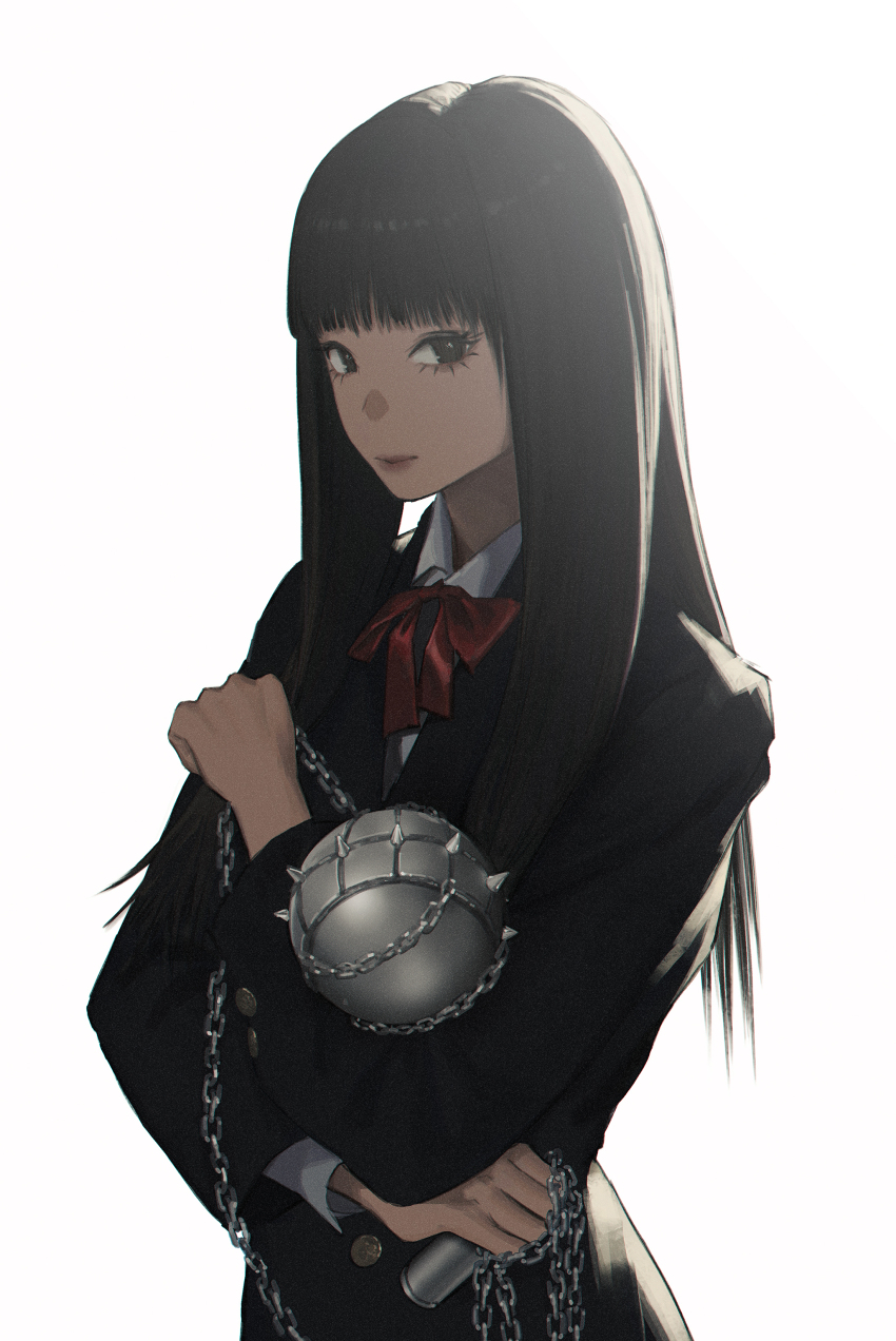 1girl absurdres ball_and_chain_(weapon) black_eyes black_hair blunt_bangs bow bowtie chain chain_around_arm highres kill_bill long_hair long_sleeves looking_at_viewer red_bow red_bowtie school_uniform simple_background spiked_ball_and_chain upper_body wang-xi white_background yuubari_gogo