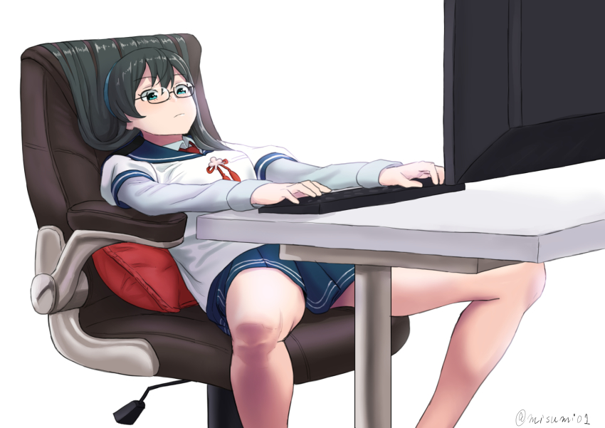 1girl black_hair blue_eyes blue_hairband blue_sailor_collar blue_skirt breasts chair closed_mouth commentary_request cushion glasses hair_between_eyes hairband highres kantai_collection computer_keyboard leaning_back long_hair long_sleeves medium_breasts misumi_(niku-kyu) monitor office_chair ooyodo_(kancolle) pleated_skirt red_neckwear sailor_collar school_uniform serafuku simple_background sitting skirt solo spread_legs swivel_chair table twitter_username white_background