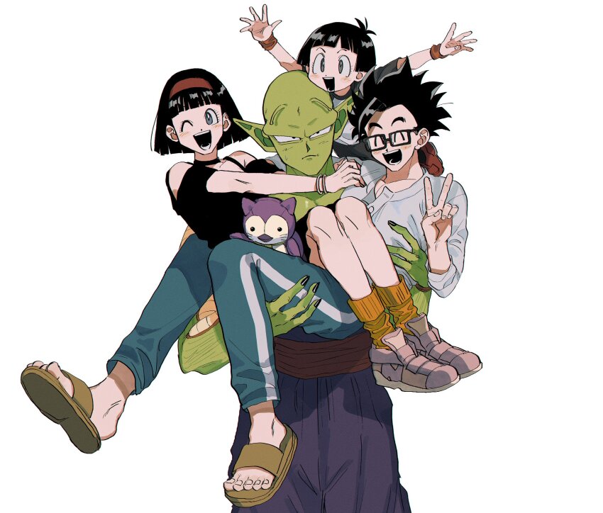 2boys 2girls :d antennae arms_up bare_shoulders black-framed_eyewear black_dress black_eyes black_hair black_nails black_pants black_socks blue_eyes blue_pants blush bob_cut bowl_cut bracelet carrying carrying_person child closed_eyes colored_skin cowboy_shot dragon_ball dragon_ball_super dragon_ball_super_super_hero dress frown glasses green_skin grey_eyes grey_shirt hairband highres hirekatsu_(kmrkbs) jewelry lifting_person long_sleeves looking_at_viewer multiple_boys multiple_girls muscular muscular_male namekian off-shoulder_dress off_shoulder one_eye_closed open_mouth orange_socks pan_(dragon_ball) pants piccolo purple_pants purple_shirt rectangular_eyewear red_footwear red_hairband red_sash saiyan sandals sash shirt shoes short_hair short_sleeves simple_background sleeveless sleeveless_shirt smile sneakers socks son_gohan spiked_hair stuffed_animal stuffed_toy sweatdrop teeth track_pants tube_socks two-tone_footwear two-tone_shirt v videl white_background white_shirt white_sneakers