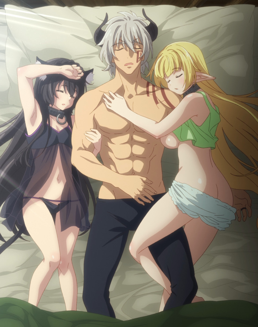 1boy 2girls absurdres animal_ears anime_screenshot armpits ass bed bed_sheet black_hair blonde_hair breasts cat_ears cat_girl cat_tail cuddling diablo_(isekai_maou) elf grey_hair highres horns isekai_maou_to_shoukan_shoujo_no_dorei_majutsu large_breasts legs lingerie long_hair medium_hair multiple_girls muscular muscular_male navel open_mouth pointy_ears rem_galleu shera_l._greenwood sleeping sleepwear small_breasts stitched tail tattoo third-party_edit underwear wardrobe_malfunction