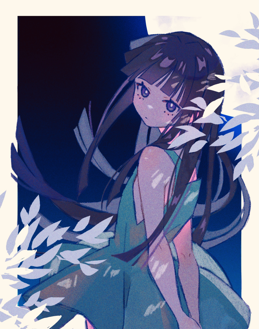 1girl akkepiropi arms_behind_back bare_arms black_hair blunt_bangs blunt_ends border closed_mouth dress expressionless film_grain furude_rika highres higurashi_no_naku_koro_ni leaf long_hair looking_at_viewer looking_back moon outside_border purple_eyes sleeveless sleeveless_dress solo