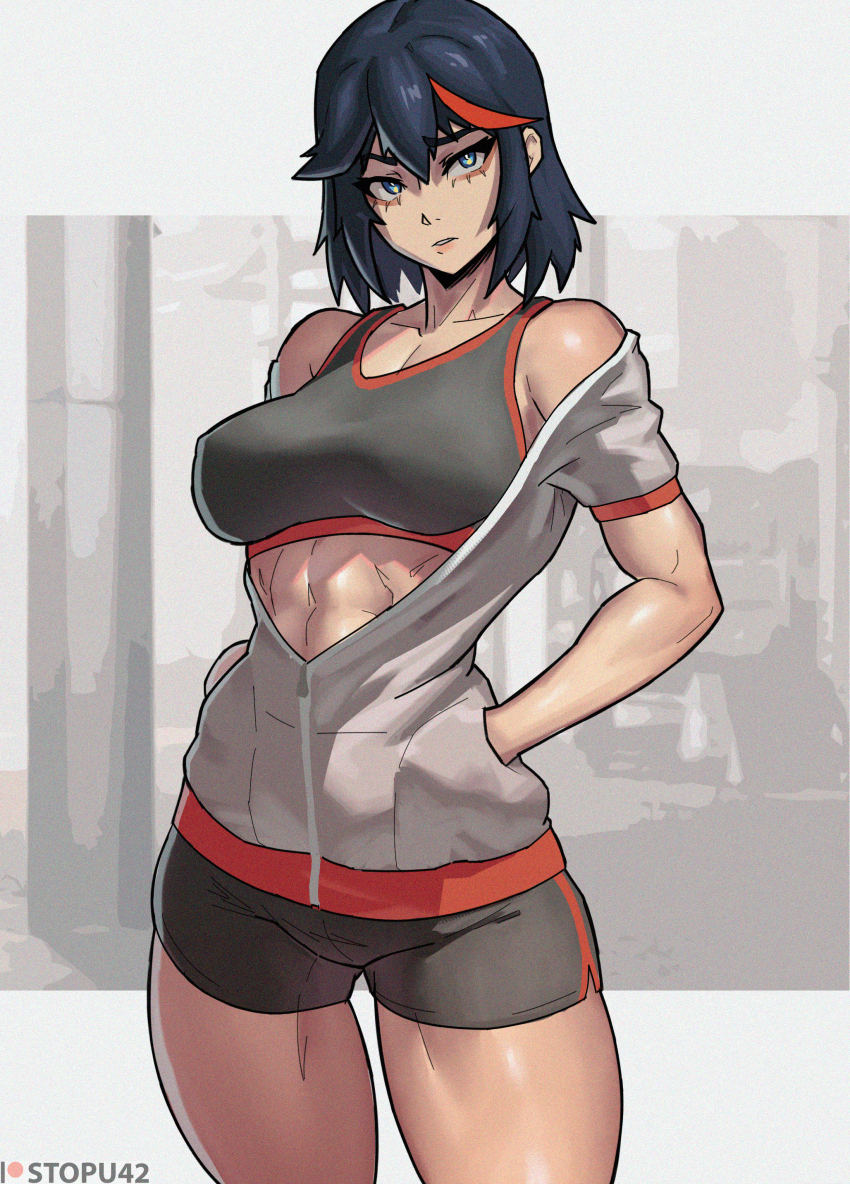 1girl abs absurdres black_hair black_shorts black_sports_bra blue_eyes breasts commentary cowboy_shot english_commentary grey_hoodie hands_in_pockets highres hood hoodie kill_la_kill looking_at_viewer matoi_ryuuko medium_breasts medium_hair multicolored_hair muscular muscular_female off_shoulder parted_lips partially_unzipped patreon_username red_hair short_shorts shorts solo sports_bra standing stopu streaked_hair