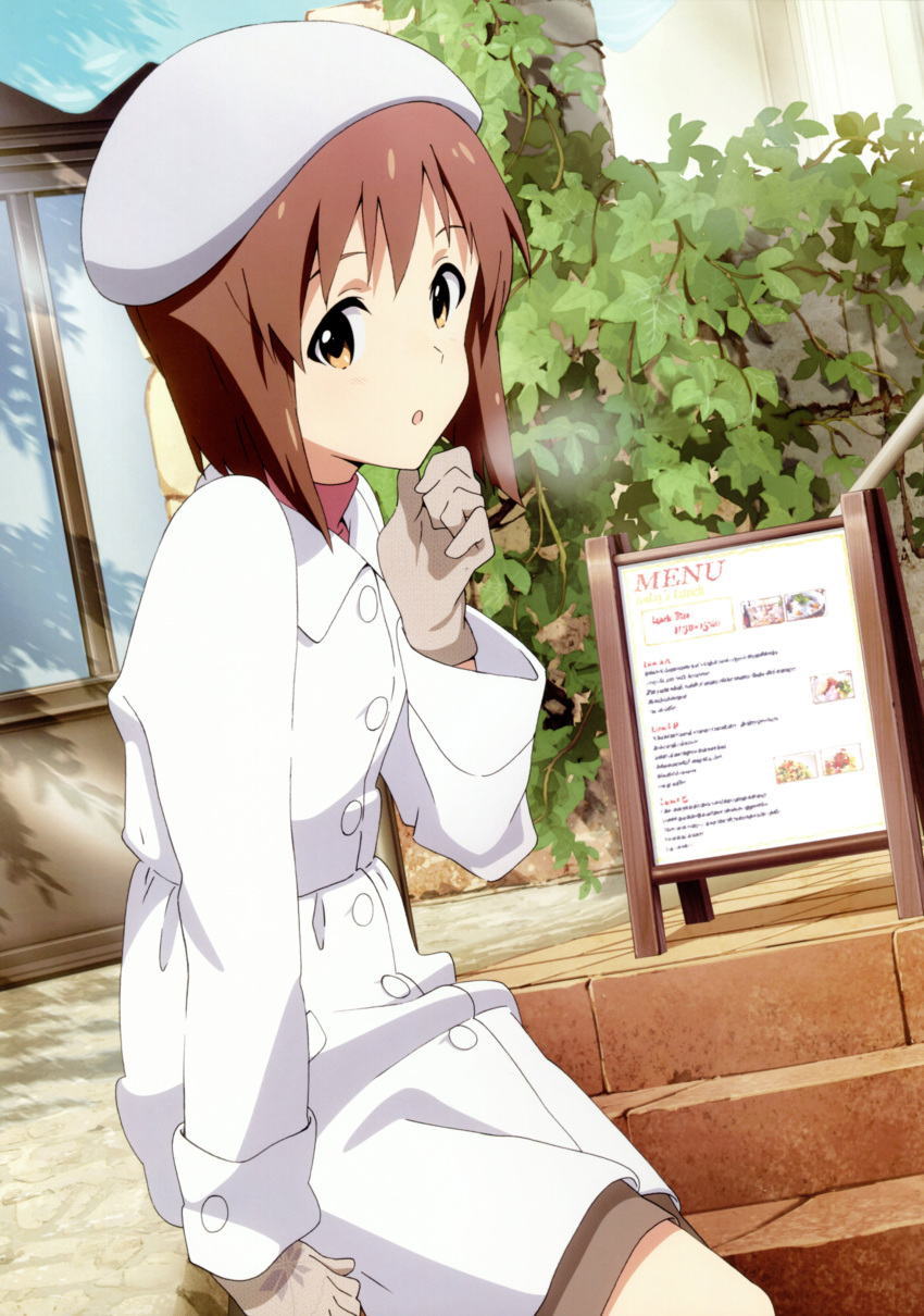 1girl :o absurdres akai_toshifumi brown_eyes brown_hair coat female_focus gloves hagiwara_yukiho hat highres idolmaster idolmaster_(classic) looking_at_viewer official_art print_gloves scan short_hair solo