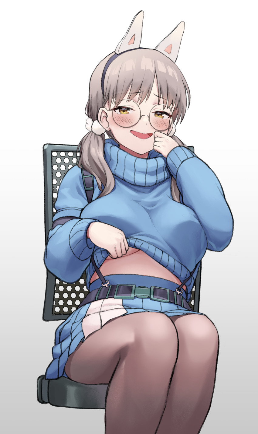 1girl absurdres animal_ears belt_pouch blue_archive blue_skirt blue_sweater blush boots breasts clothes_lift fake_animal_ears glasses grey-framed_eyewear hair_ornament highres large_breasts light_brown_hair long_hair looking_at_viewer moe_(blue_archive) okamen open_mouth pantyhose pom_pom_(clothes) pom_pom_hair_ornament pouch rabbit_ears resolution_mismatch round_eyewear sitting skirt smile solo source_smaller suspender_skirt suspenders sweater sweater_lift turtleneck turtleneck_sweater twintails two-tone_skirt underboob white_skirt yellow_eyes