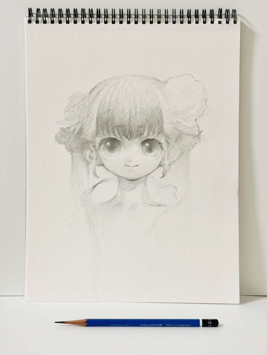 1girl art_tools_in_frame cropped_shoulders flower graphite_(medium) greyscale hair_flower hair_ornament highres kaede_(shijie_heping) long_hair looking_at_viewer monochrome original pencil photo_(medium) sketch smile solo traditional_media twintails upper_body