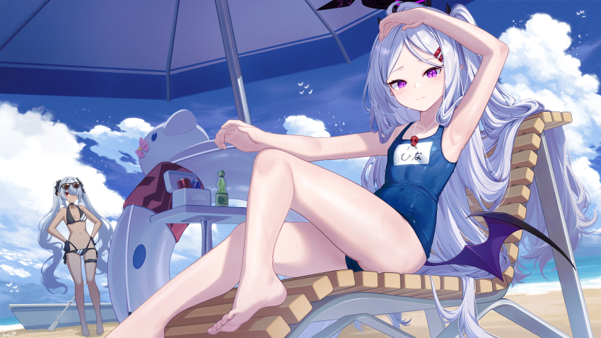 2girls absurdres ahoge arm_up armpits barefoot beach beach_umbrella bikini black_bikini black_horns blue_archive blue_one-piece_swimsuit chair closed_mouth cloud cloudy_sky dango_remi day demon_girl demon_horns demon_wings feet flat_chest foot_out_of_frame grey_hair hair_ornament hairclip halo highres hina_(blue_archive) hina_(swimsuit)_(blue_archive) horns innertube iori_(blue_archive) iori_(swimsuit)_(blue_archive) knee_up legs long_hair looking_at_viewer lounge_chair multiple_girls multiple_horns name_tag official_alternate_costume old_school_swimsuit one-piece_swimsuit outdoors parted_bangs pointy_ears purple_eyes purple_wings school_swimsuit simple_background sitting sky smile soles solo_focus swim_ring swimsuit toes umbrella very_long_hair whistle whistle_around_neck wings