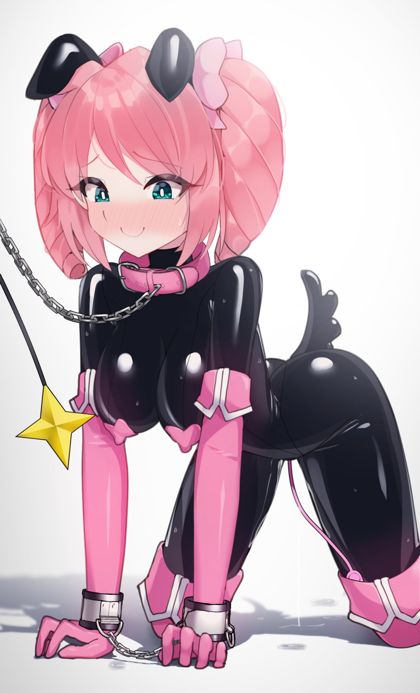 absurdres all_fours animal_ears aqua_eyes black_bodysuit blush bodysuit boots bow breasts bright_pupils chain chain_leash collar covered_erect_nipples cuffs dog_ears dog_tail drill_hair elbow_gloves fake_animal_ears fake_tail gloves hair_bow hanabishi_haruka handcuffs heart_pasties highres knee_boots large_breasts latex latex_bodysuit leash magia_magenta maguro27 mahou_shoujo_ni_akogarete pasties pink_bow pink_collar pink_footwear pink_gloves pink_hair pussy_juice pussy_juice_puddle remote_control_vibrator sex_toy shackles simple_background skin_tight smile tail twin_drills twintails vibrator vibrator_cord whip white_background white_pupils