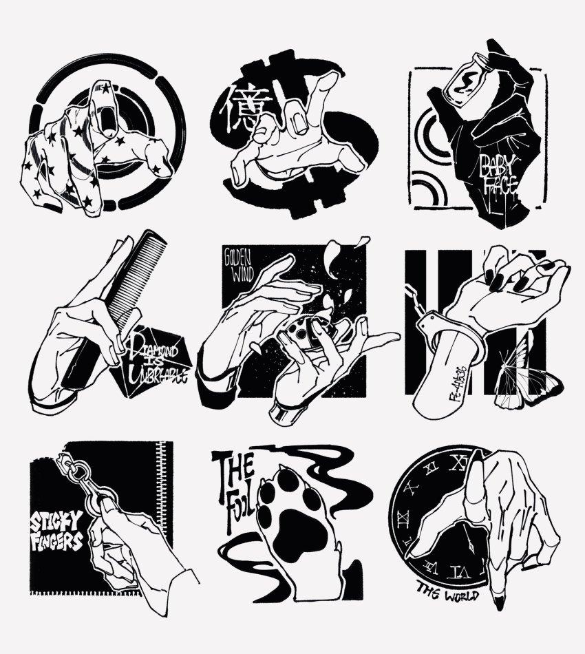 bruno_bucciarati bug butterfly clock comb copyright_name cuffs dio_brando disembodied_hand dog dollar_sign fingernails foreshortening gem_(symbol) gender_request giorno_giovanna gloves greyscale handcuffs higashikata_josuke highres holding holding_comb iggy_(jojo) insect johnny_joestar jojo_no_kimyou_na_bouken kasyuna1225 kuujou_jolyne melone monochrome nail_polish nijimura_okuyasu petals sharp_fingernails star_(symbol) vial zipper