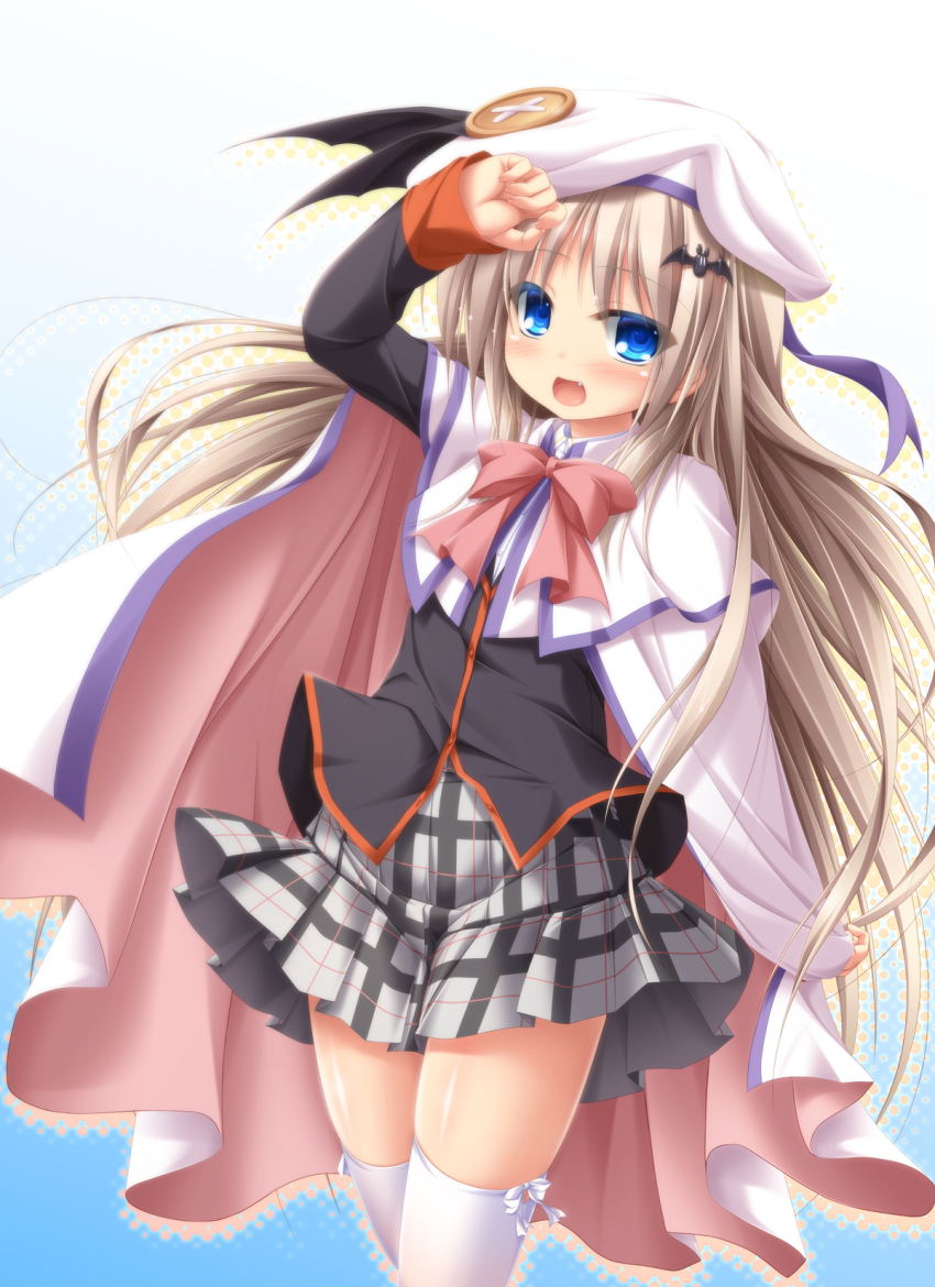 1girl blonde_hair blue_eyes cape fang female_focus hat highres little_busters! long_hair mizunoe_kotaru noumi_kudryavka plaid_clothes plaid_skirt school_uniform skirt solo thighhighs very_long_hair