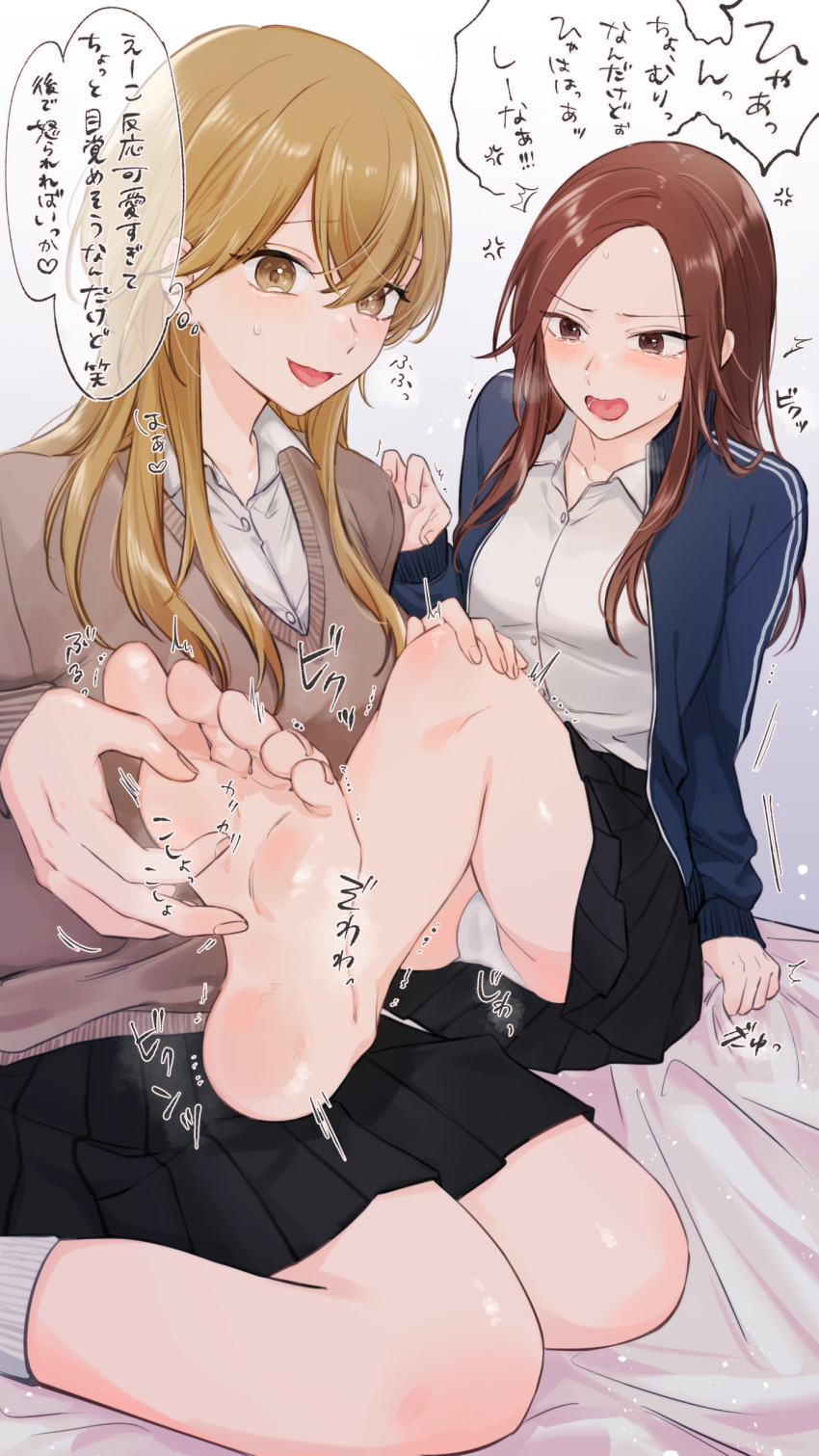 2girls absurdres anger_vein barefoot blonde_hair blush brown_eyes brown_hair feet hair_between_eyes highres kyoi_hey multiple_girls open_mouth original pleated_skirt skirt soles speech_bubble spoken_anger_vein sweatdrop tearing_up tickling tickling_feet toes translation_request yellow_eyes