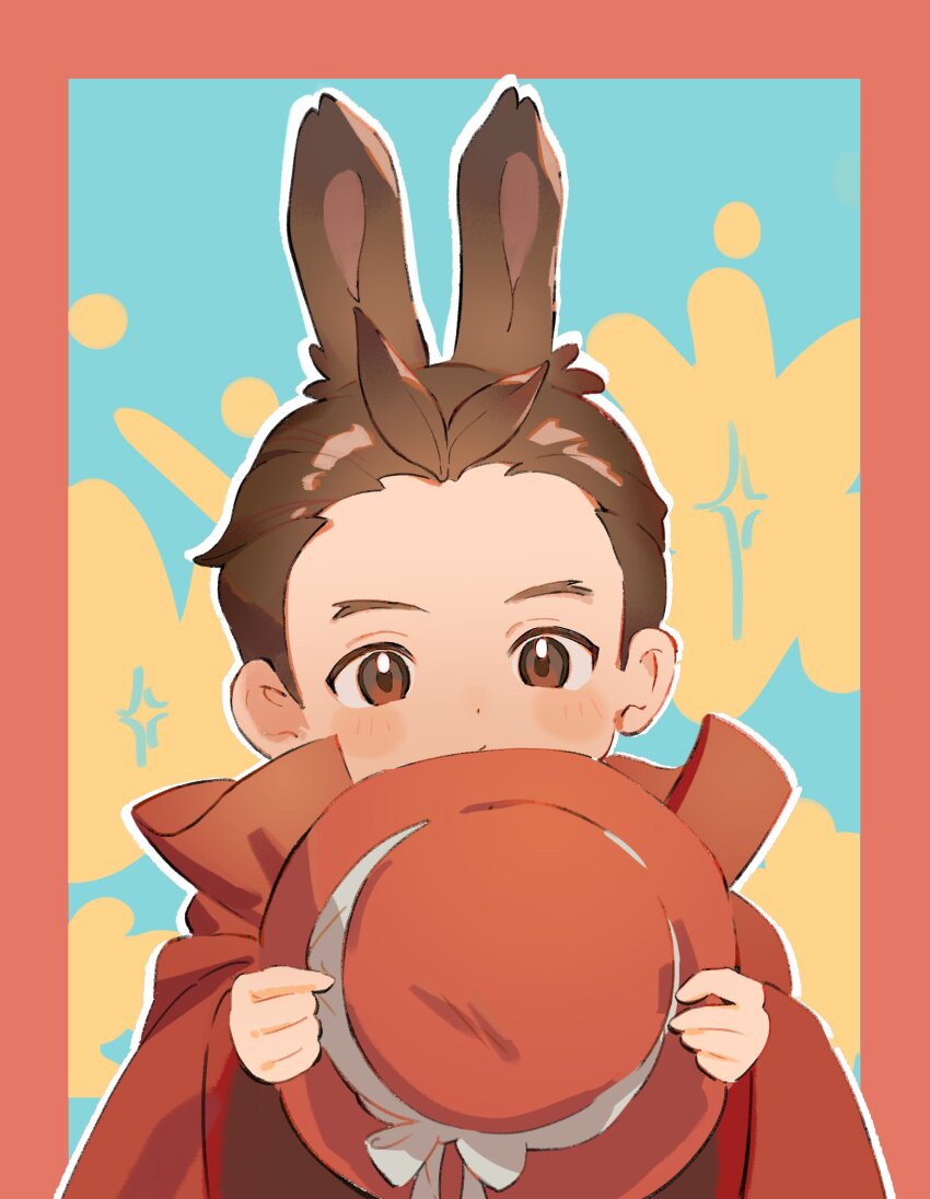 1boy ace_attorney aged_down animal_ears antenna_hair apollo_justice apollo_justice:_ace_attorney blush_stickers border brown_eyes brown_hair cape dated_commentary forked_eyebrows haita1hao hat highres holding holding_hat holding_unworn_clothes male_focus outline rabbit_ears red_cape red_hat ribbon short_hair solo upper_body white_outline white_ribbon