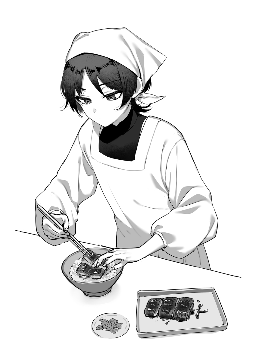 1boy alternate_costume alternate_headwear apron bishounen bowl buku2_suisou chopsticks closed_mouth dot_mouth fish_(food) food genshin_impact greyscale half-closed_eyes highres holding holding_chopsticks holding_food holding_with_chopsticks kappougi kerchief leaning_forward long_sleeves looking_at_object looking_down male_focus monochrome puffy_long_sleeves puffy_sleeves rice saucer scaramouche_(genshin_impact) short_hair simple_background three-quarter_sleeves solo standing table three_quarter_view tray upper_body wanderer_(genshin_impact) white_background wolf_cut