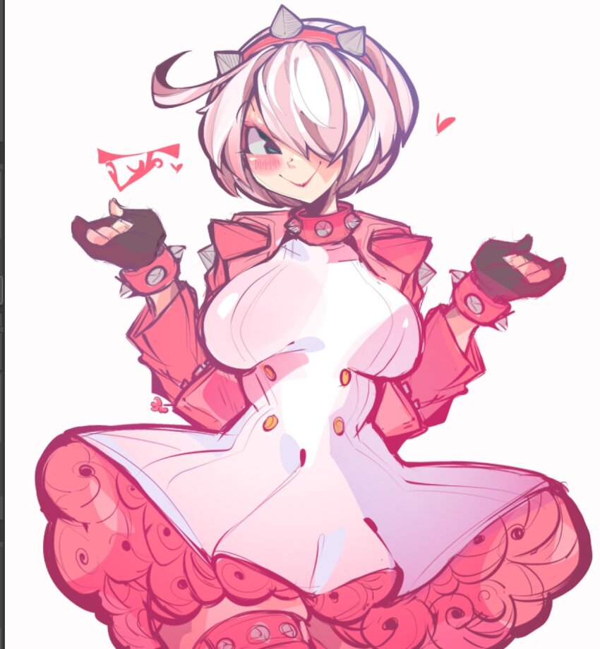 1girl ahoge black_gloves blush bracelet breasts commentary cowboy_shot cropped_jacket dress elphelt_valentine english_commentary fingerless_gloves gloves guilty_gear guilty_gear_strive hair_over_one_eye highres jacket jewelry large_breasts open_clothes open_jacket pink_dress pink_jacket poopiepluto shirt simple_background sketch smile solo white_background white_dress white_shirt