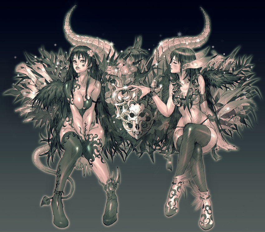 2girls bad_id bad_pixiv_id bird breasts_squeezed_together breasts demon_girl demon_tail earrings flower hair_flower hair_ornament highres horns hummingbird jewelry kilart crossed_legs monochrome multiple_girls original pointy_ears single_thighhigh sitting skull star_(symbol) tail thighhighs