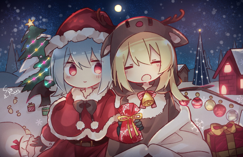 2girls blonde_hair blush box christmas christmas_ornaments christmas_tree closed_eyes closed_mouth dress flandre_scarlet fur-trimmed_headwear fur_trim gift gift_box hair_between_eyes hat highres long_hair long_sleeves multiple_girls night night_sky open_mouth red_eyes remilia_scarlet santa_costume santa_hat short_hair siblings sisters sky sleeping smile snowing soru_(remonntteumai) touhou