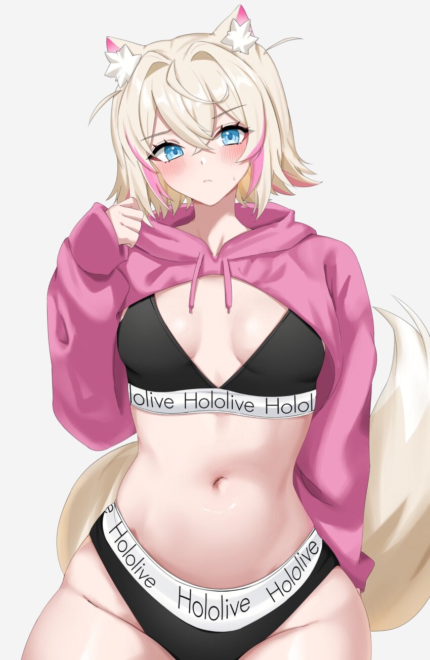 1girl animal_ears black_panties black_sports_bra blonde_hair blue_eyes blush breasts breasts_apart closed_mouth clothes_writing cropped_hoodie dog_ears dog_girl dog_tail grey_background highres hololive hololive_english hood hoodie looking_at_viewer mococo_abyssgard multicolored_hair navel panties pink_hair pink_hoodie simple_background small_breasts solo sports_bra sweat tail two-tone_hair underwear underwear_writing virtual_youtuber yobi_(ybpac18)